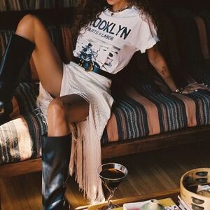 12th Tribe Frankie Cream Satin Jacquard Fringe Midi Skirt